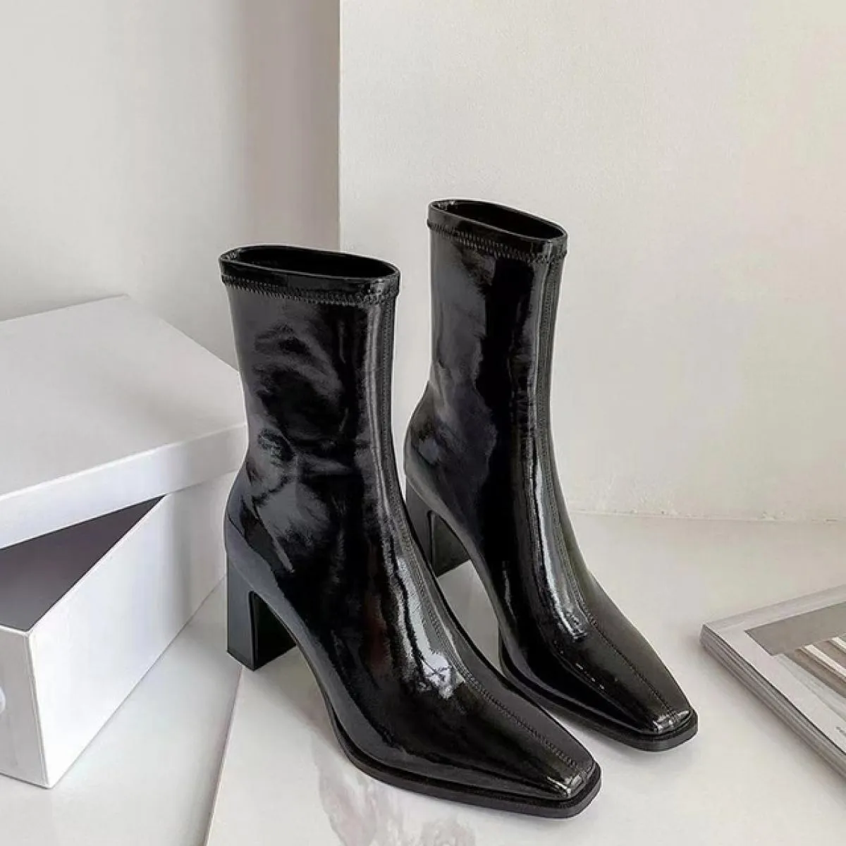 Inverno Caviglia Donna Tacchi alti Scarpe Chunky Chelsea Boots 2023 Nuove pompe di moda Stivali da moto Punta quadrata Casual Do