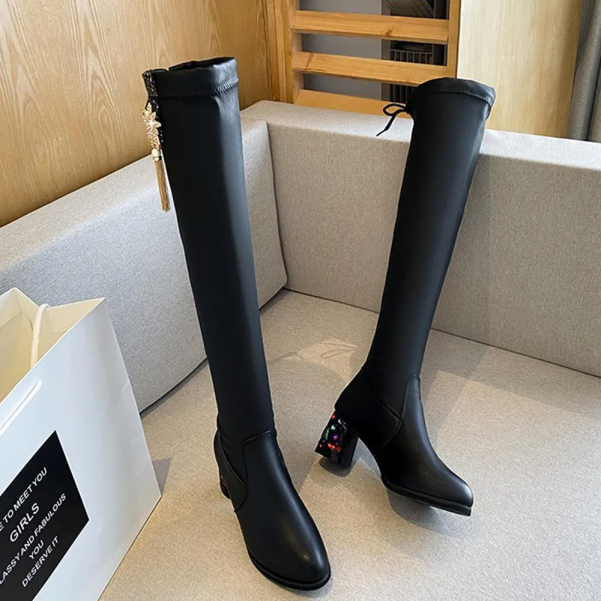 Inverno sopra il ginocchio Chunky Chelsea Boots tacchi medi scarpe da donna pompe di vestito moda nuova tendenza 2023 Goth Desig