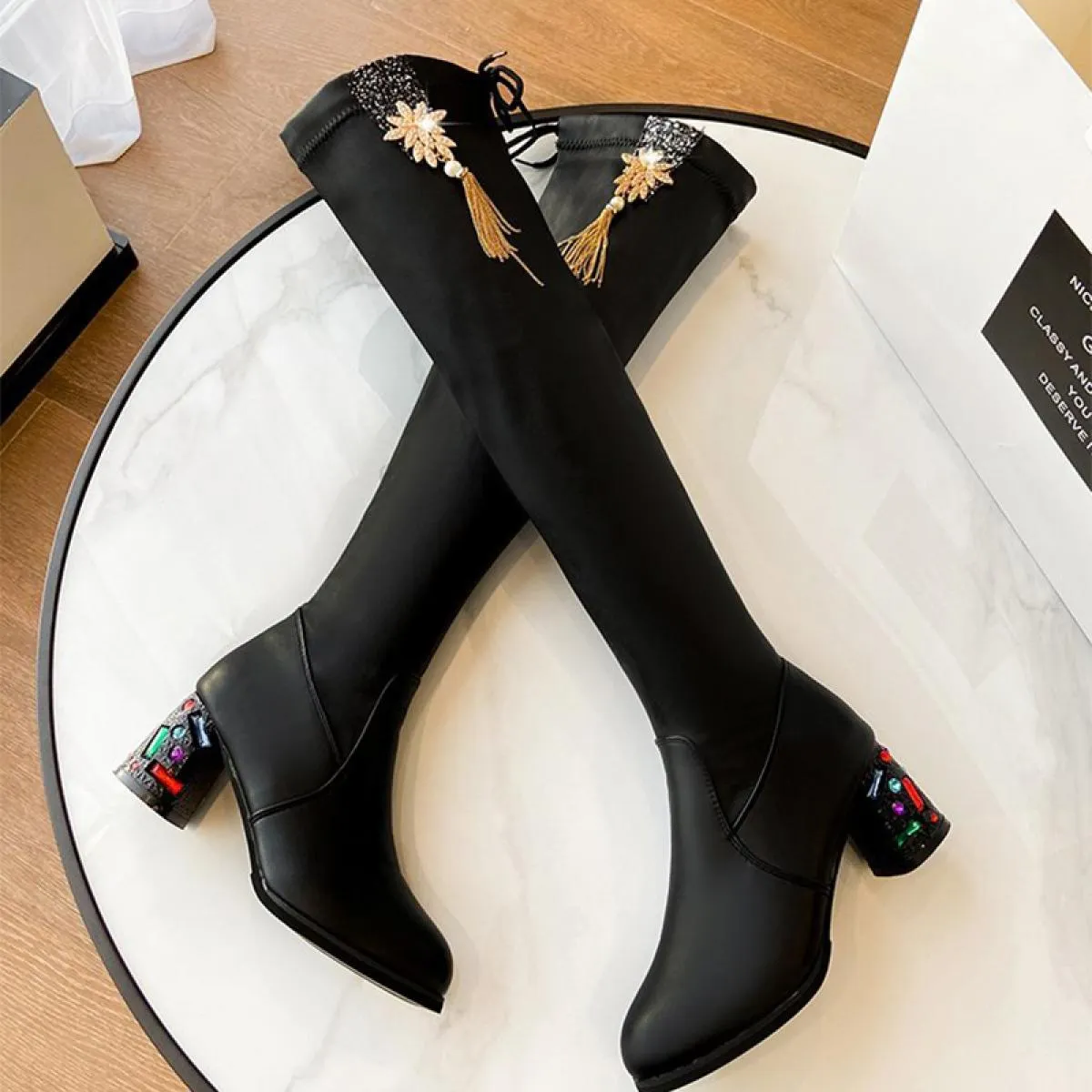 Inverno sopra il ginocchio Chunky Chelsea Boots tacchi medi scarpe da donna pompe di vestito moda nuova tendenza 2023 Goth Desig