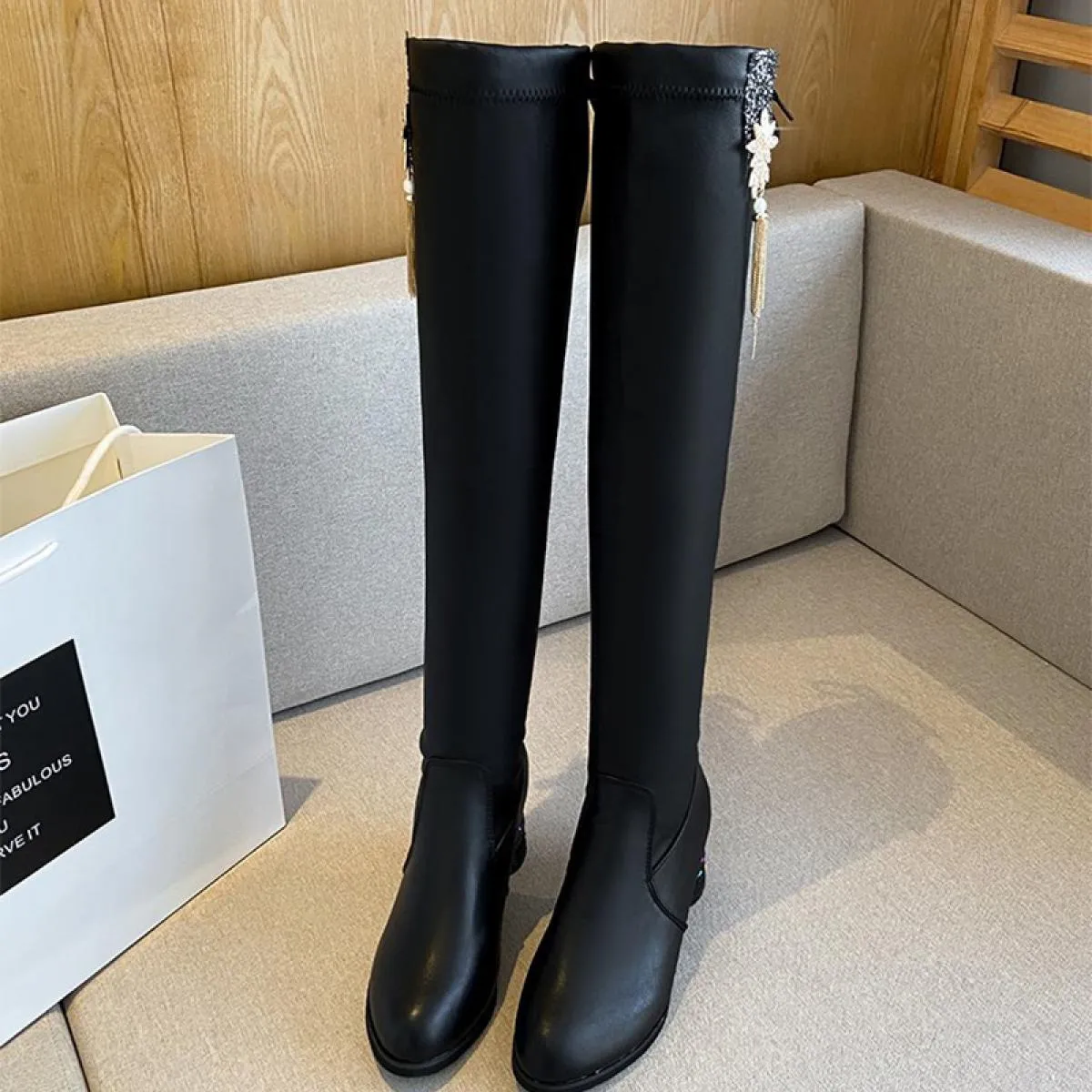Inverno sopra il ginocchio Chunky Chelsea Boots tacchi medi scarpe da donna pompe di vestito moda nuova tendenza 2023 Goth Desig