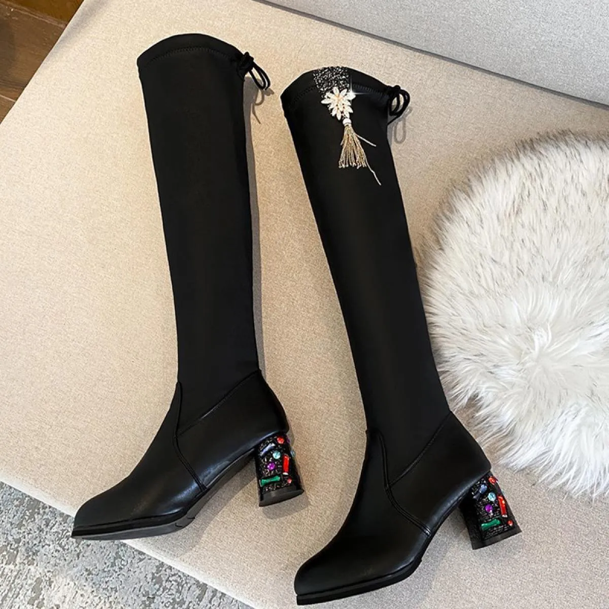 Inverno sopra il ginocchio Chunky Chelsea Boots tacchi medi scarpe da donna pompe di vestito moda nuova tendenza 2023 Goth Desig