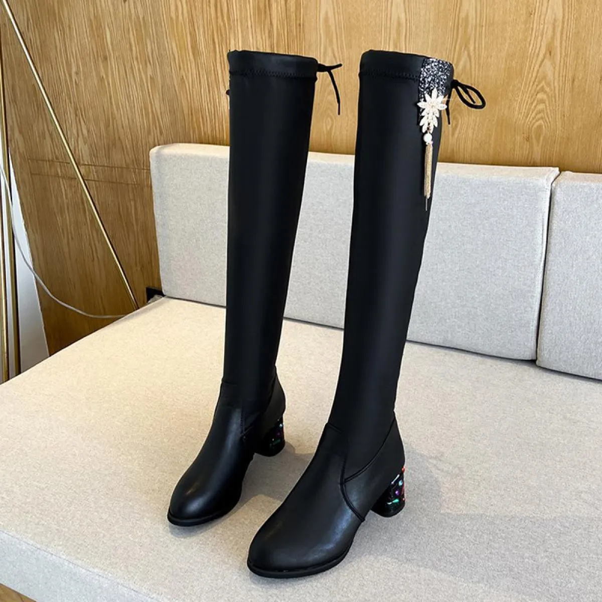 Inverno sopra il ginocchio Chunky Chelsea Boots tacchi medi scarpe da donna pompe di vestito moda nuova tendenza 2023 Goth Desig