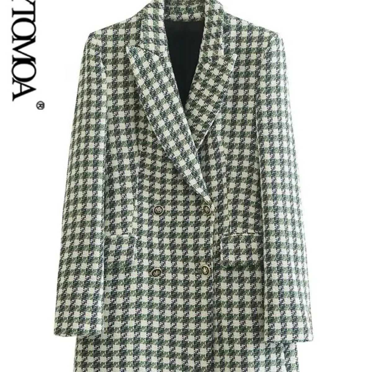 Kpytomoa Donna Moda Tweed Cappotto blazer doppiopetto Vintage Manica lunga Tasche con patta Capispalla femminile Chic Gilet F