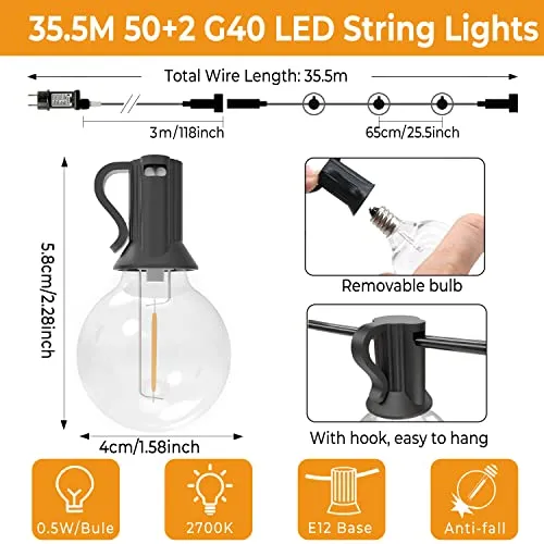 litogo Catena Luminosa Esterno, 35.5M Luci da Esterno Giardino, 50+2 G40 LED Plastica Lampadine 2700K, Impermeabile Luci da Giar