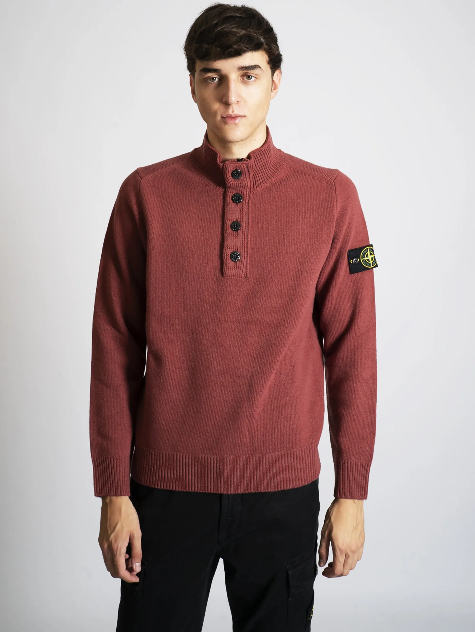 Maglia con Mezza Zip e Bottoni Brick Red
