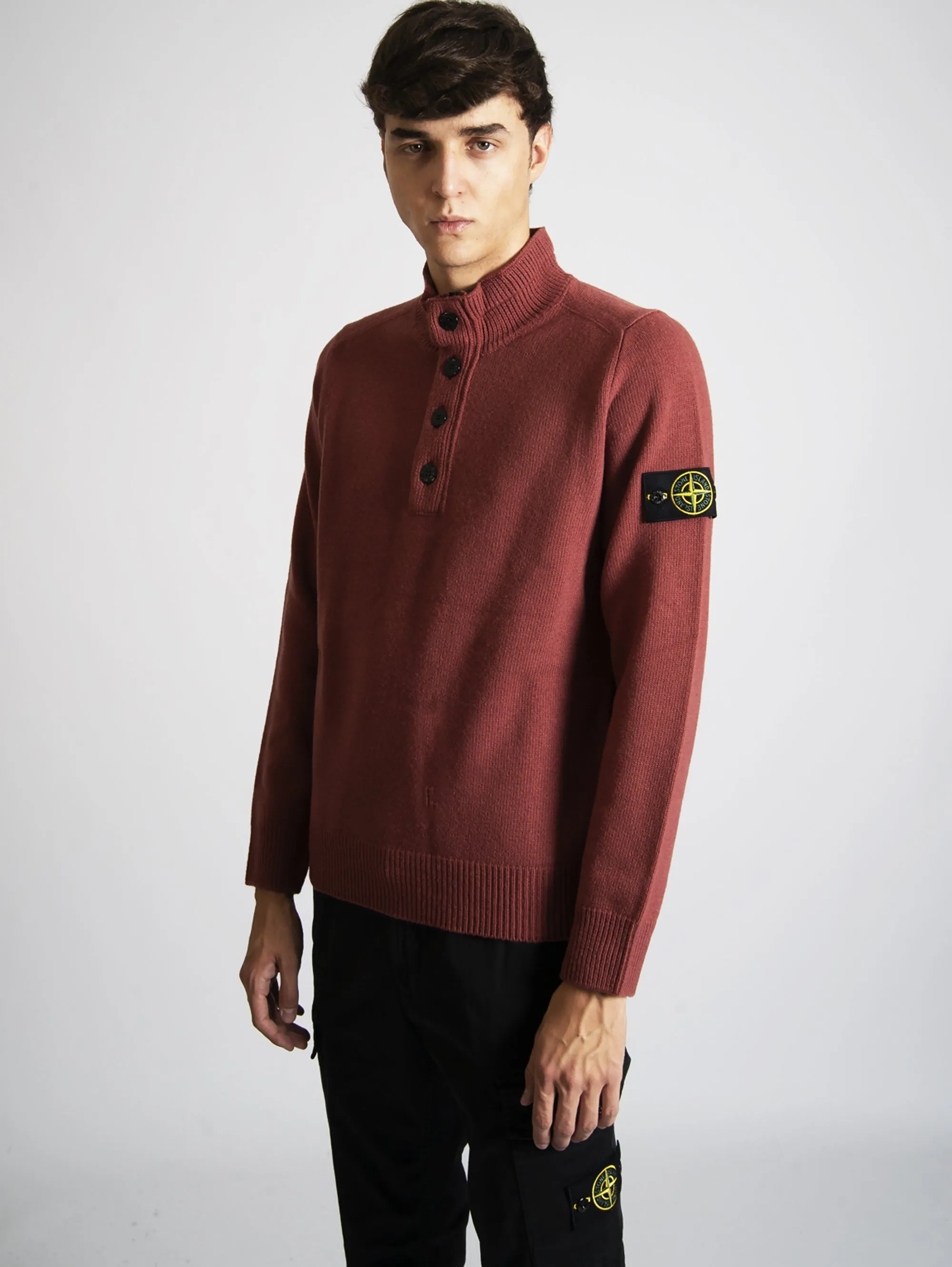 Maglia con Mezza Zip e Bottoni Brick Red