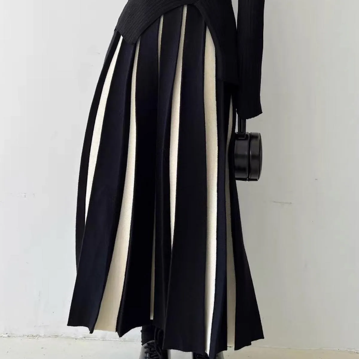 Maglieria Moda Gonna lunga autunnale per donna Gonne a pieghe a contrasto Vita alta Patchwork Casual Allentato Maxi femmin