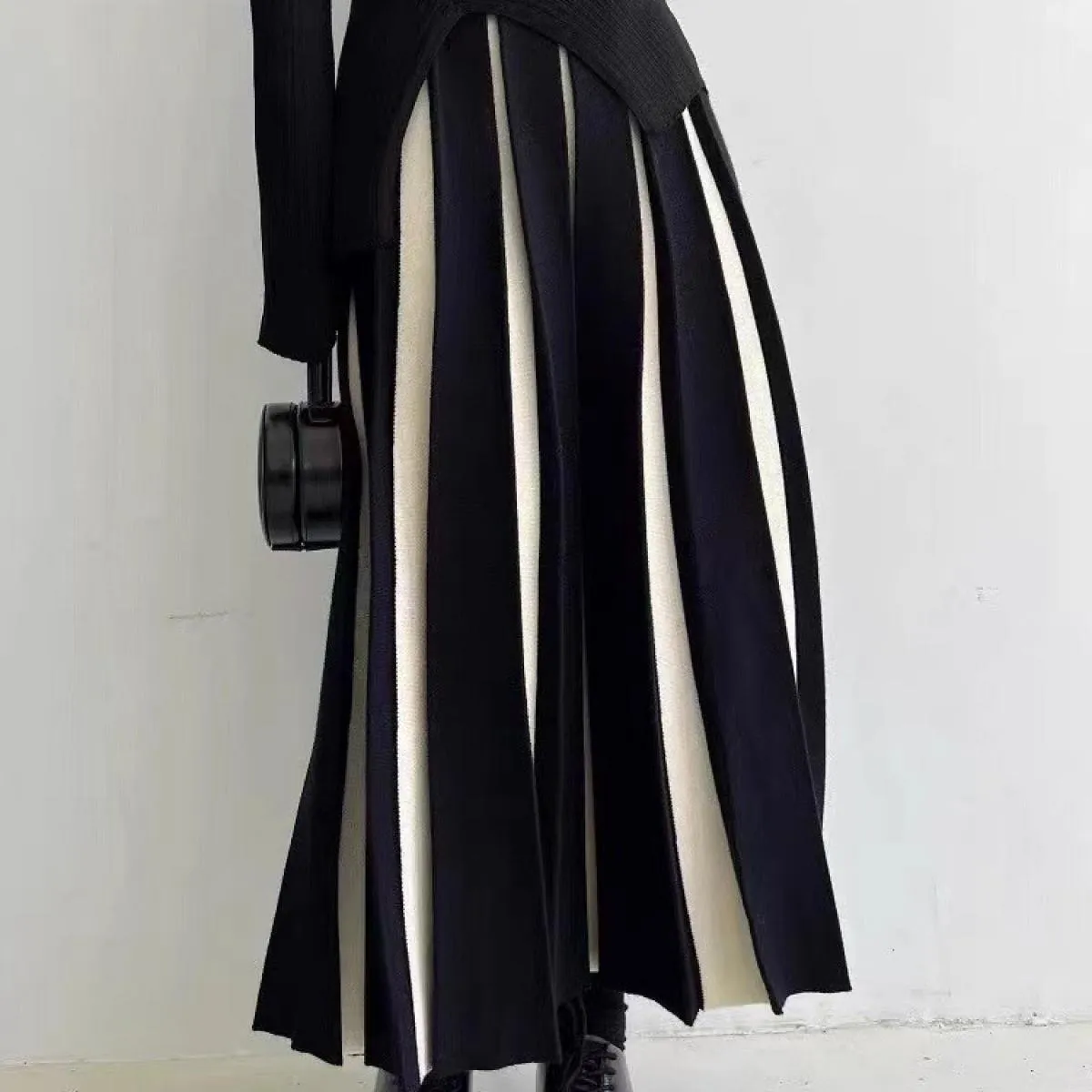 Maglieria Moda Gonna lunga autunnale per donna Gonne a pieghe a contrasto Vita alta Patchwork Casual Allentato Maxi femmin