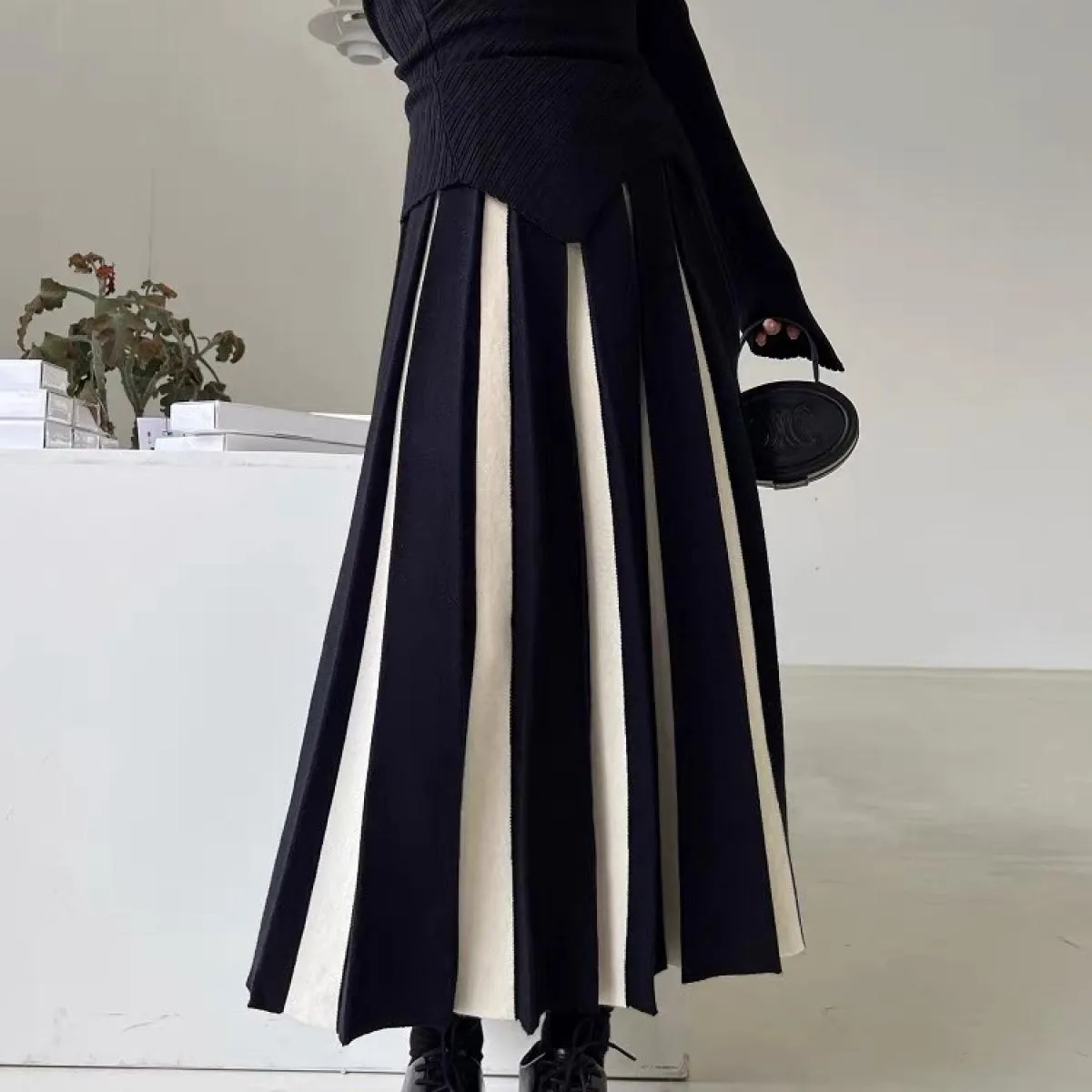 Maglieria Moda Gonna lunga autunnale per donna Gonne a pieghe a contrasto Vita alta Patchwork Casual Allentato Maxi femmin