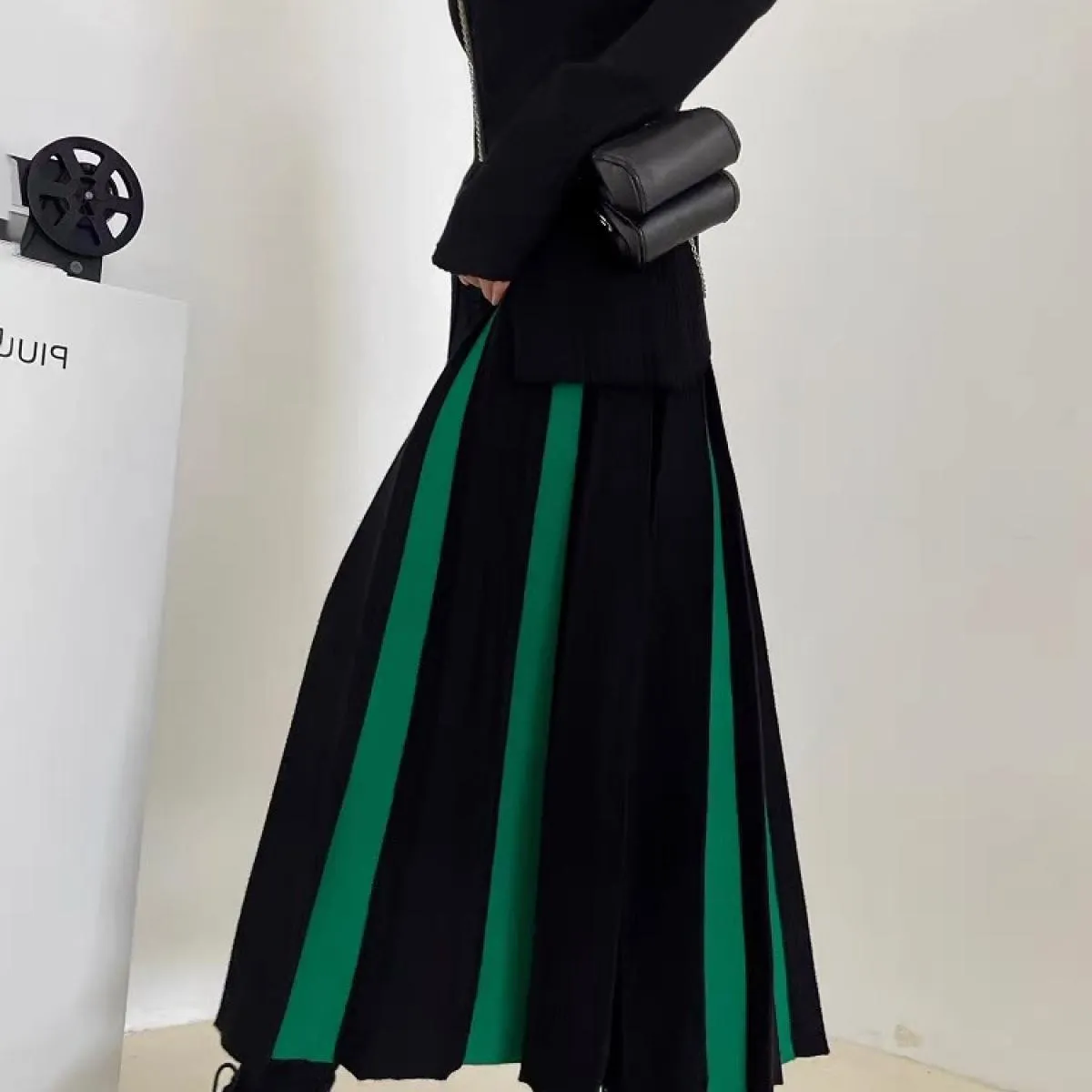 Maglieria Moda Gonna lunga autunnale per donna Gonne a pieghe a contrasto Vita alta Patchwork Casual Allentato Maxi femmin