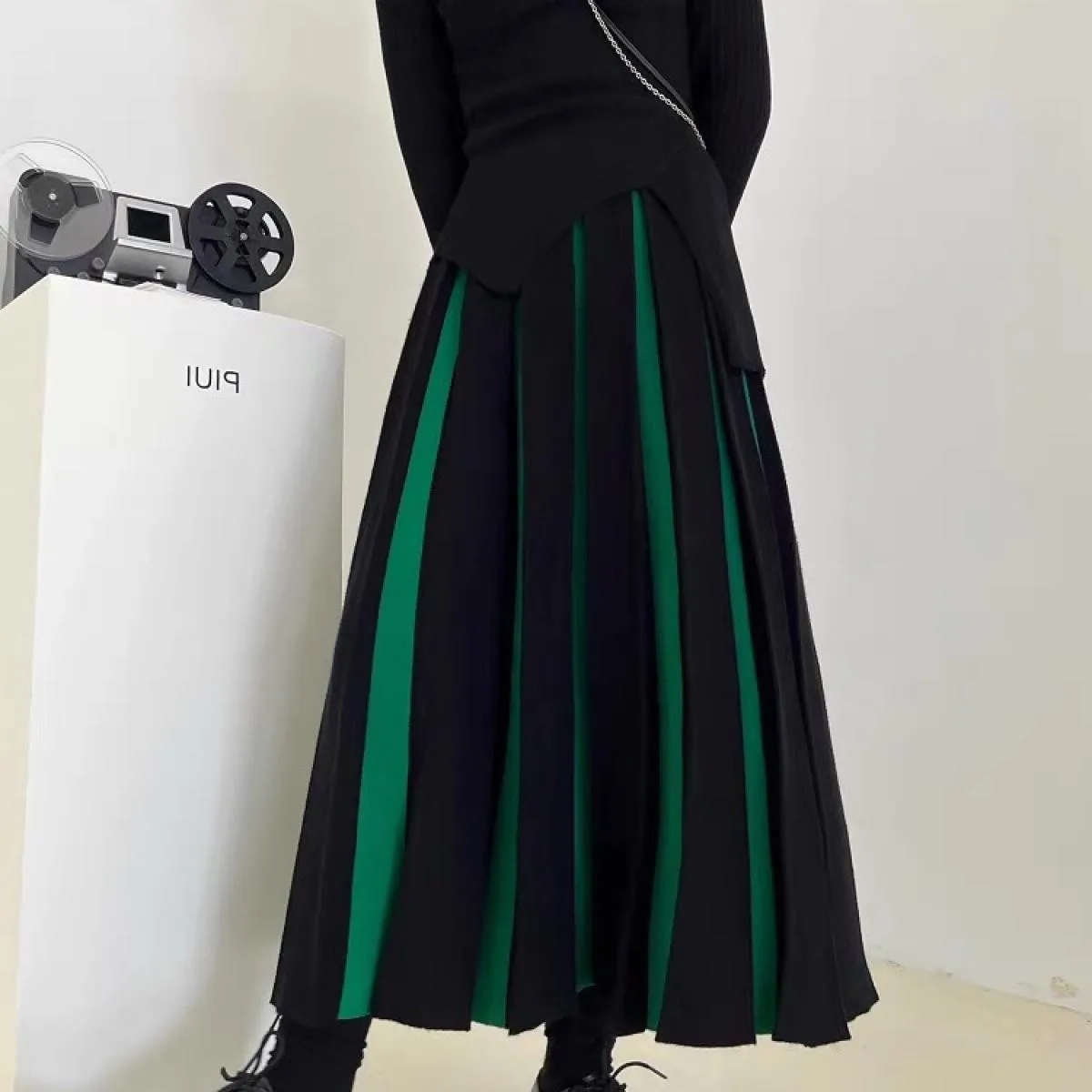 Maglieria Moda Gonna lunga autunnale per donna Gonne a pieghe a contrasto Vita alta Patchwork Casual Allentato Maxi femmin