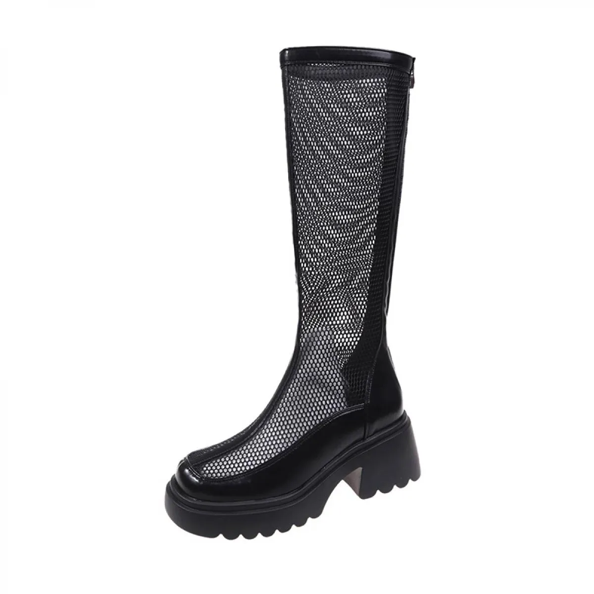 Nuove donne scarpe alte al ginocchio con plateau tacchi medi stivali Chelsea in rete estate 2023 sandali alla moda Goth traspira