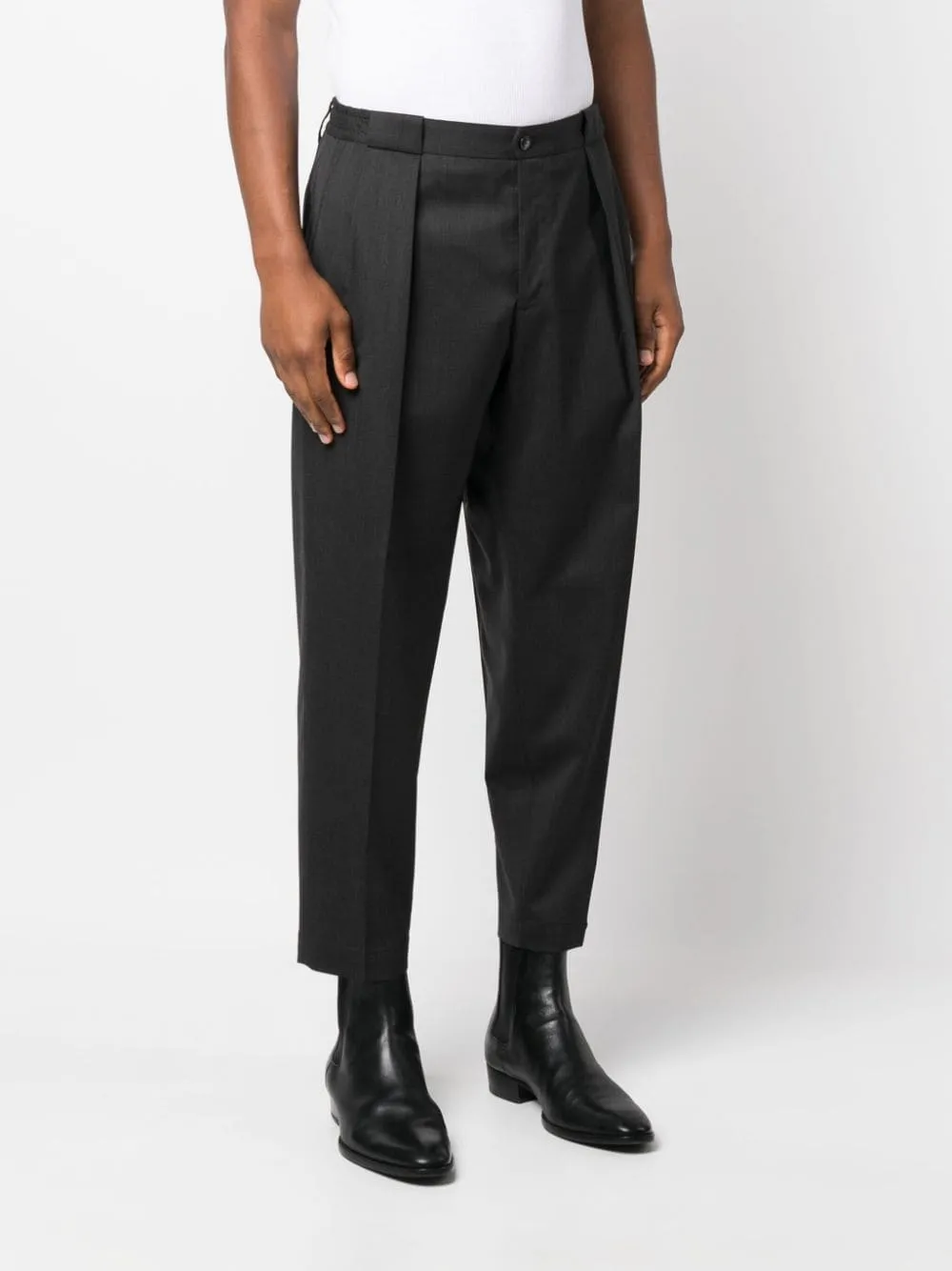 Pantalone Grigio in Lana Vergine con Tasche a Filo e Lunghezza Crop