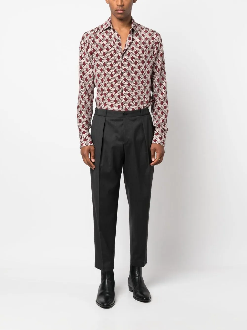 Pantalone Grigio in Lana Vergine con Tasche a Filo e Lunghezza Crop