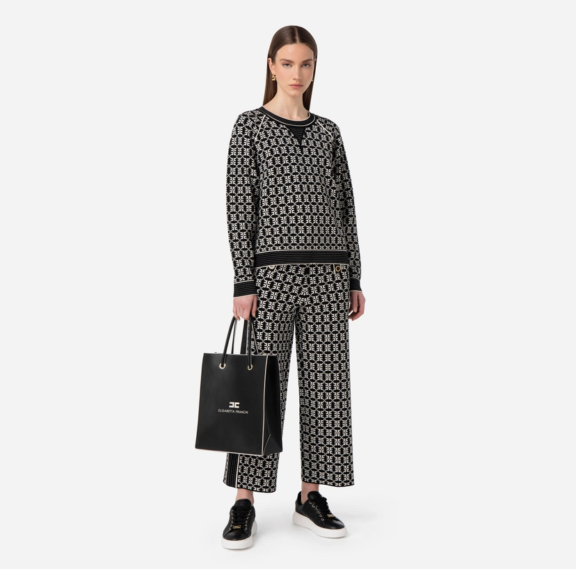Pantalone Palazzo Maglia Vita Alta Jacquard Logo Nero Burro Elisabetta Franchi