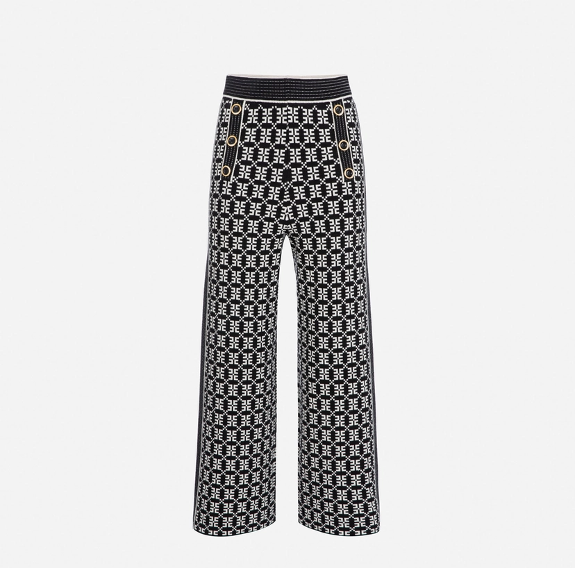 Pantalone Palazzo Maglia Vita Alta Jacquard Logo Nero Burro Elisabetta Franchi