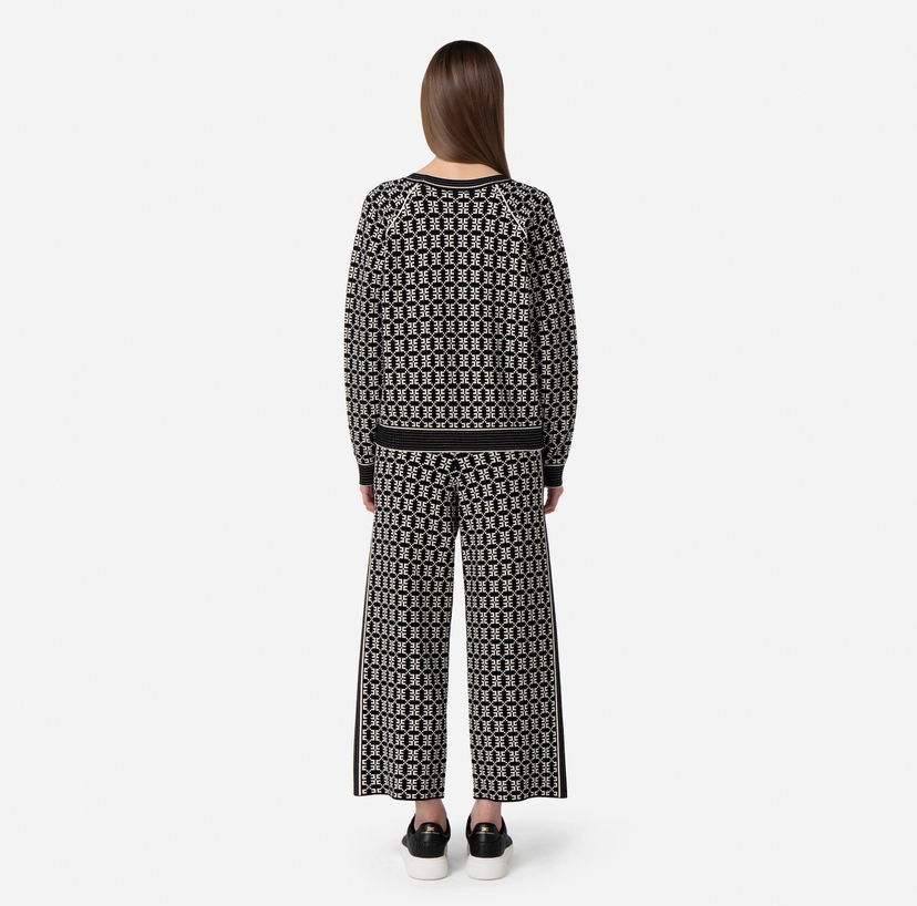 Pantalone Palazzo Maglia Vita Alta Jacquard Logo Nero Burro Elisabetta Franchi