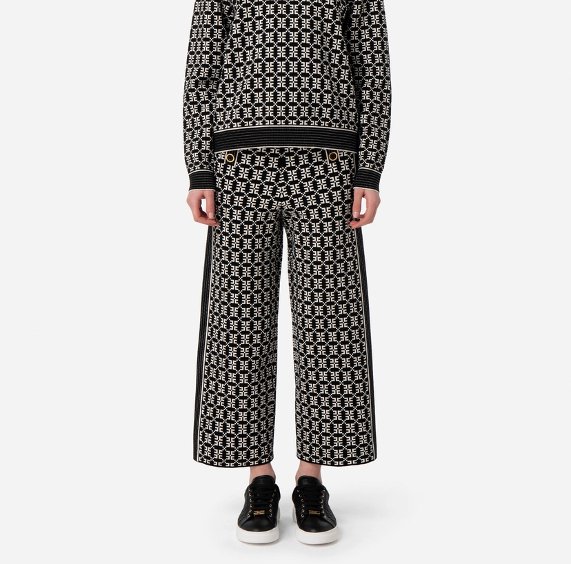 Pantalone Palazzo Maglia Vita Alta Jacquard Logo Nero Burro Elisabetta Franchi