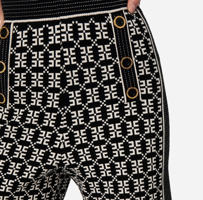 Pantalone Palazzo Maglia Vita Alta Jacquard Logo Nero Burro Elisabetta Franchi