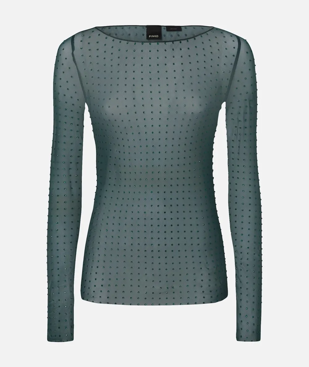 PINKO--Maglia in leggero tulle full strass