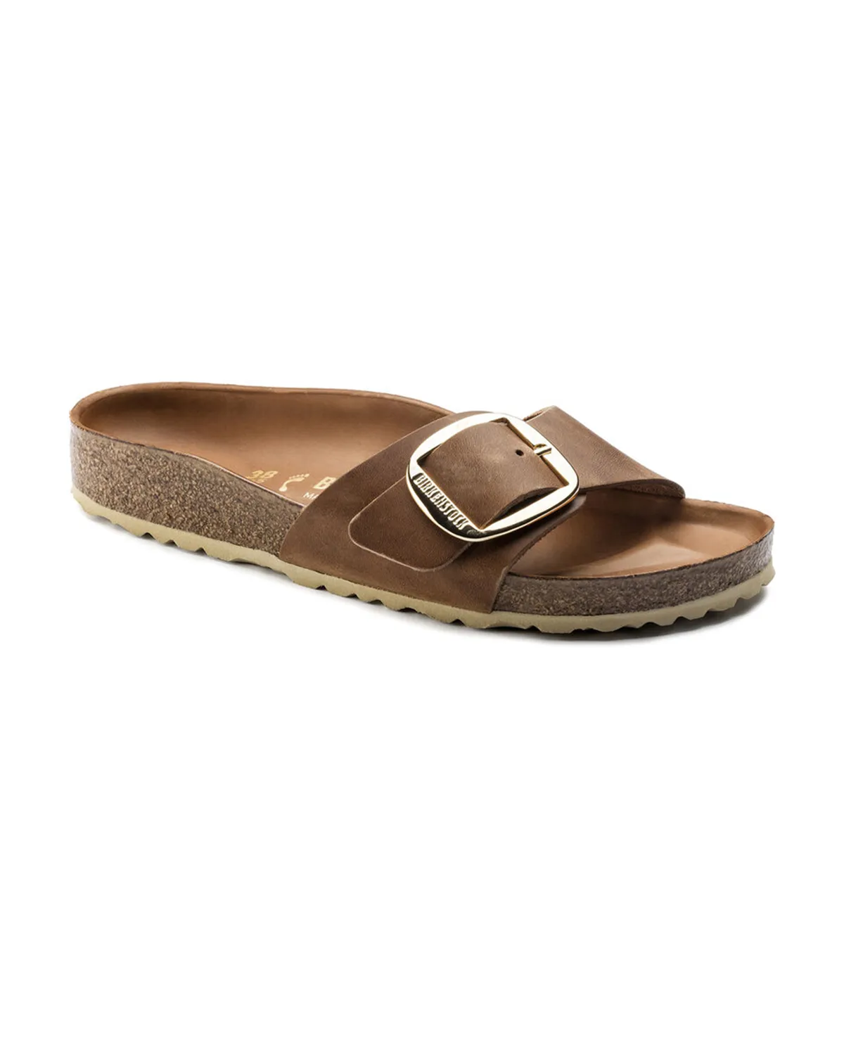 Sandalo Madrid Big buckle color cognac in pelle oliata a singola fascia e fibbia in metallo oro