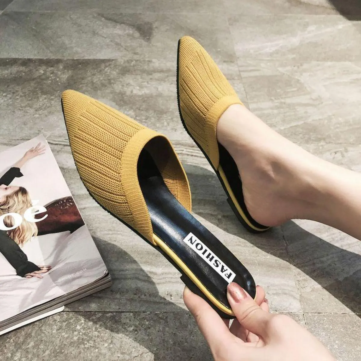 Scarpe basse a punta Scarpe con tacco Scarpe da donna Scarpe estive Sandali Ciabatte elastiche traspiranti lavorate a maglia Sha
