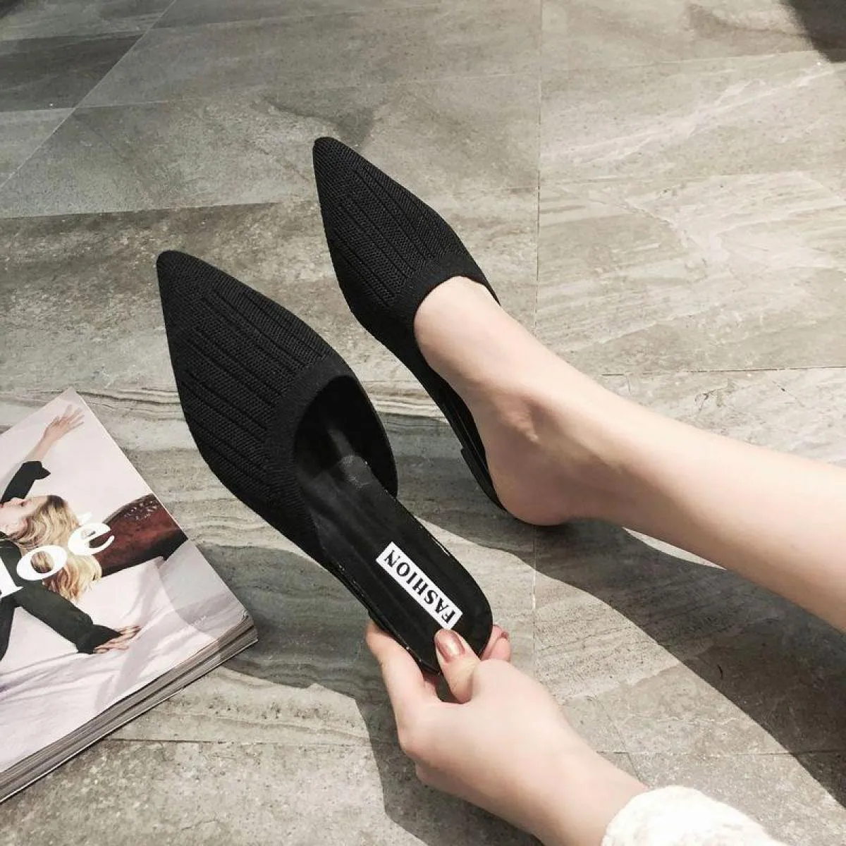 Scarpe basse a punta Scarpe con tacco Scarpe da donna Scarpe estive Sandali Ciabatte elastiche traspiranti lavorate a maglia Sha