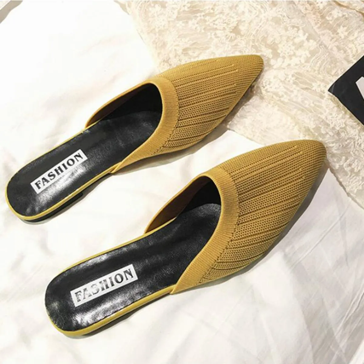 Scarpe basse a punta Scarpe con tacco Scarpe da donna Scarpe estive Sandali Ciabatte elastiche traspiranti lavorate a maglia Sha