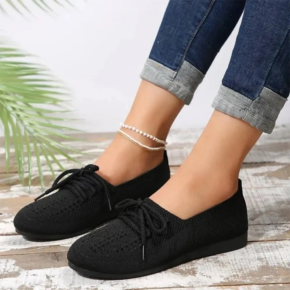 Scarpe basse in maglia lavorata a maglia Scarpe da donna in tessuto primaverile Scarpe traspiranti Scarpe stringate alla moda Co