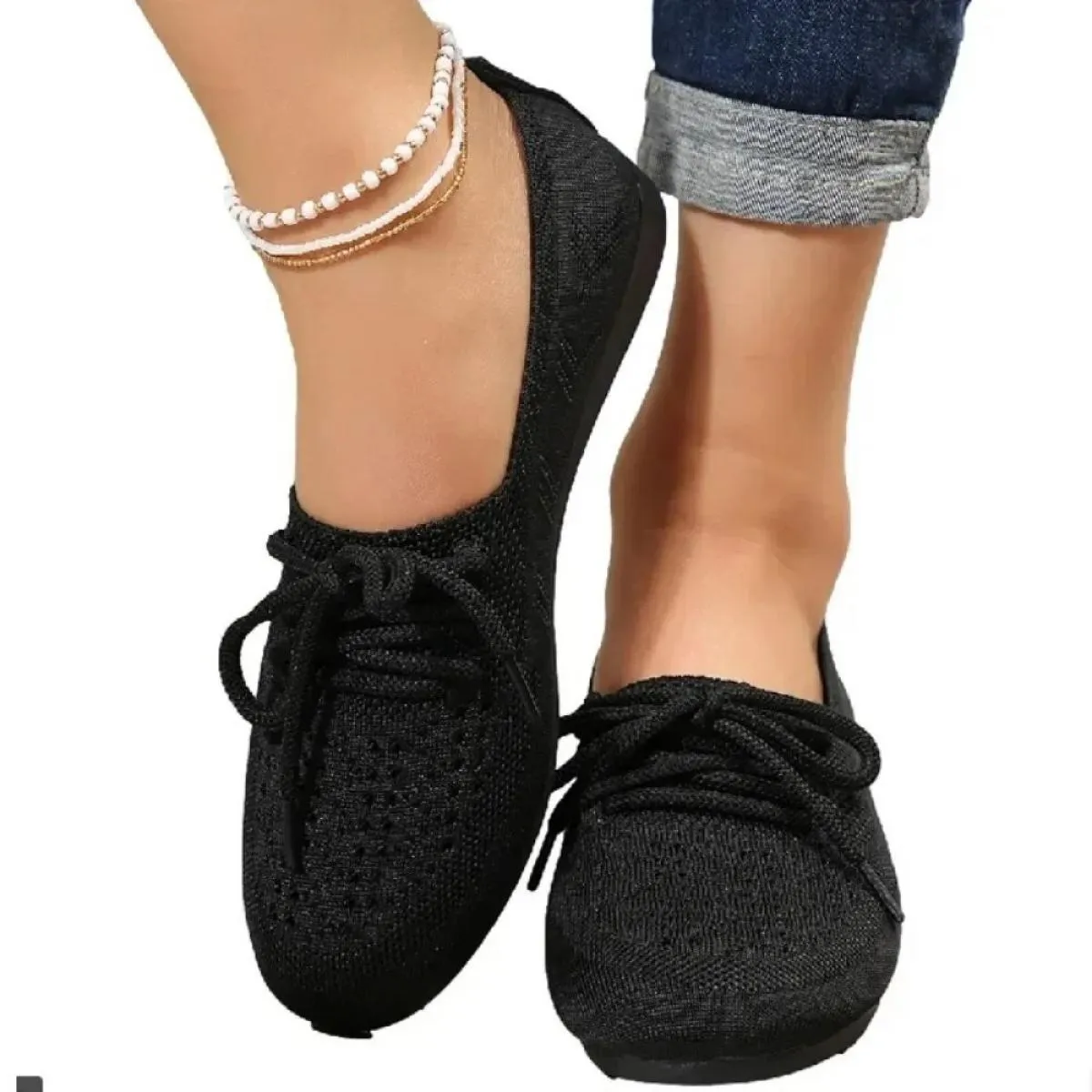 Scarpe basse in maglia lavorata a maglia Scarpe da donna in tessuto primaverile Scarpe traspiranti Scarpe stringate alla moda Co