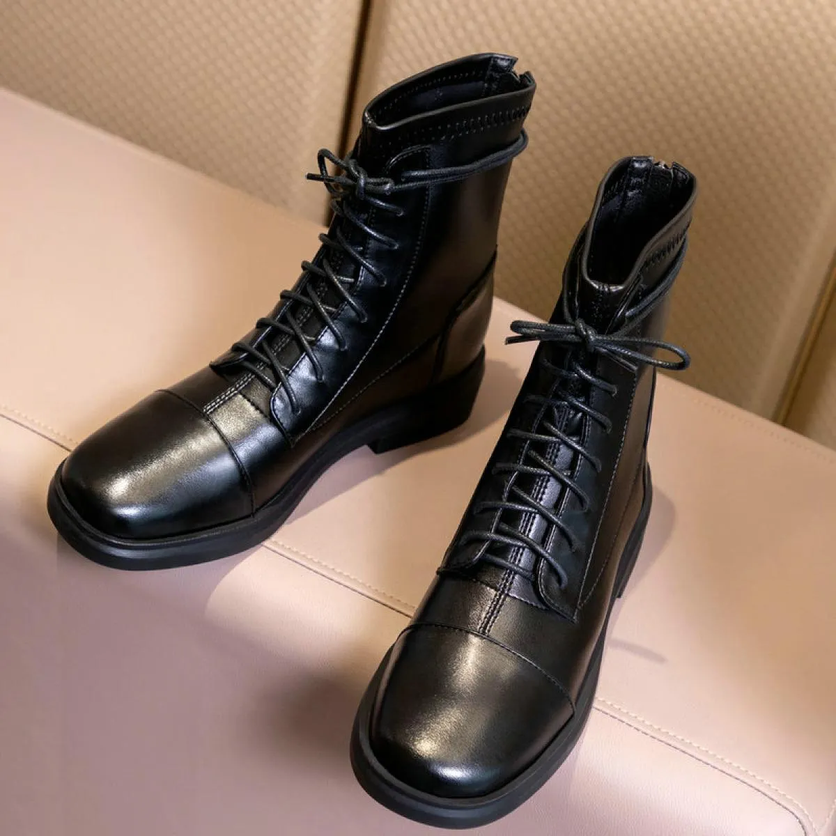 Scarpe con lacci incrociati Donna 2024 Stivali da moto da donna con tacco basso più nuovi Stivaletti da donna in vera pelle da l