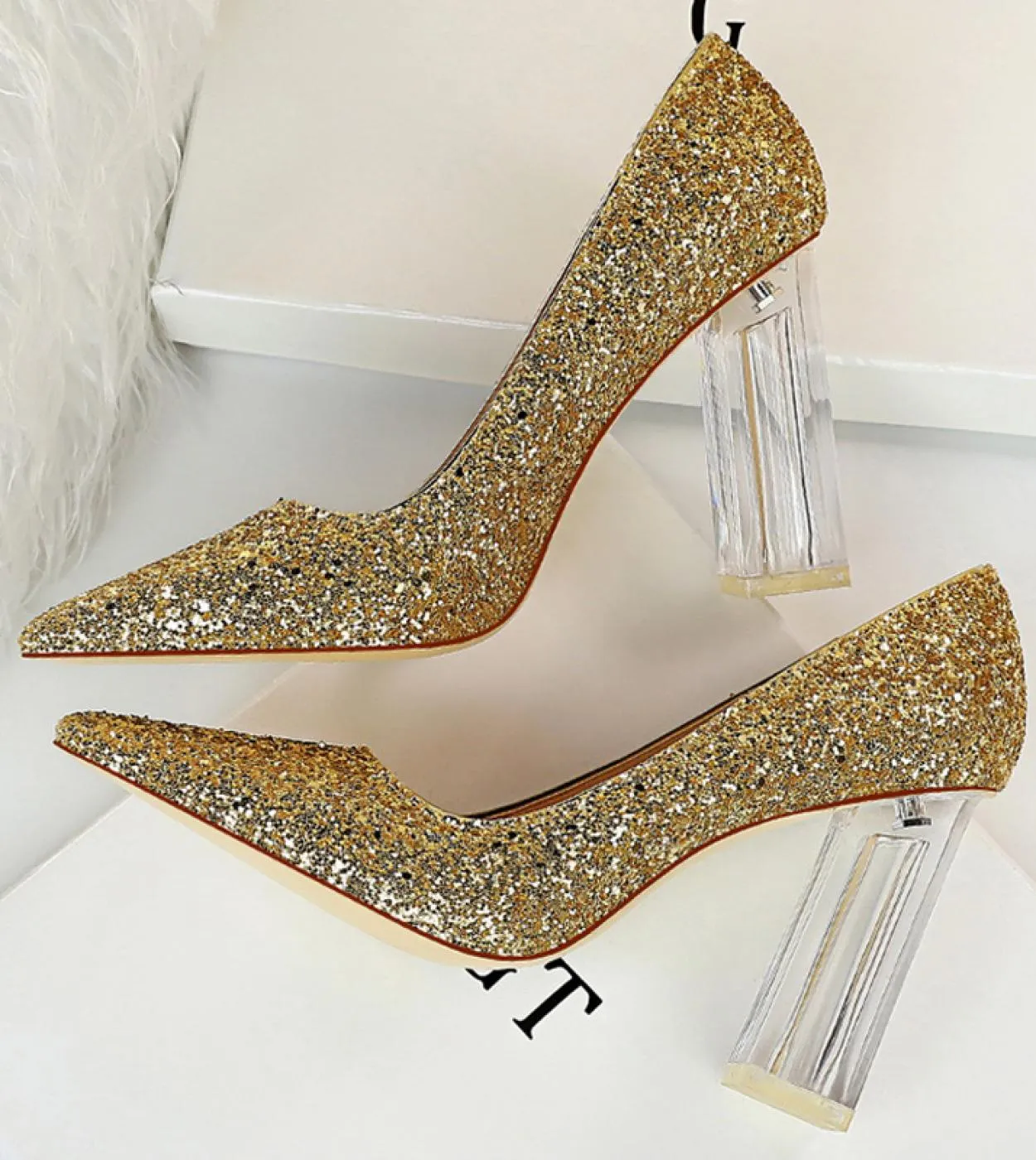 Scarpe con tacchi alti trasparenti Scarpe argento da donna Scarpe con tacco grosso Scarpe da sposa Décolleté dorati da donna