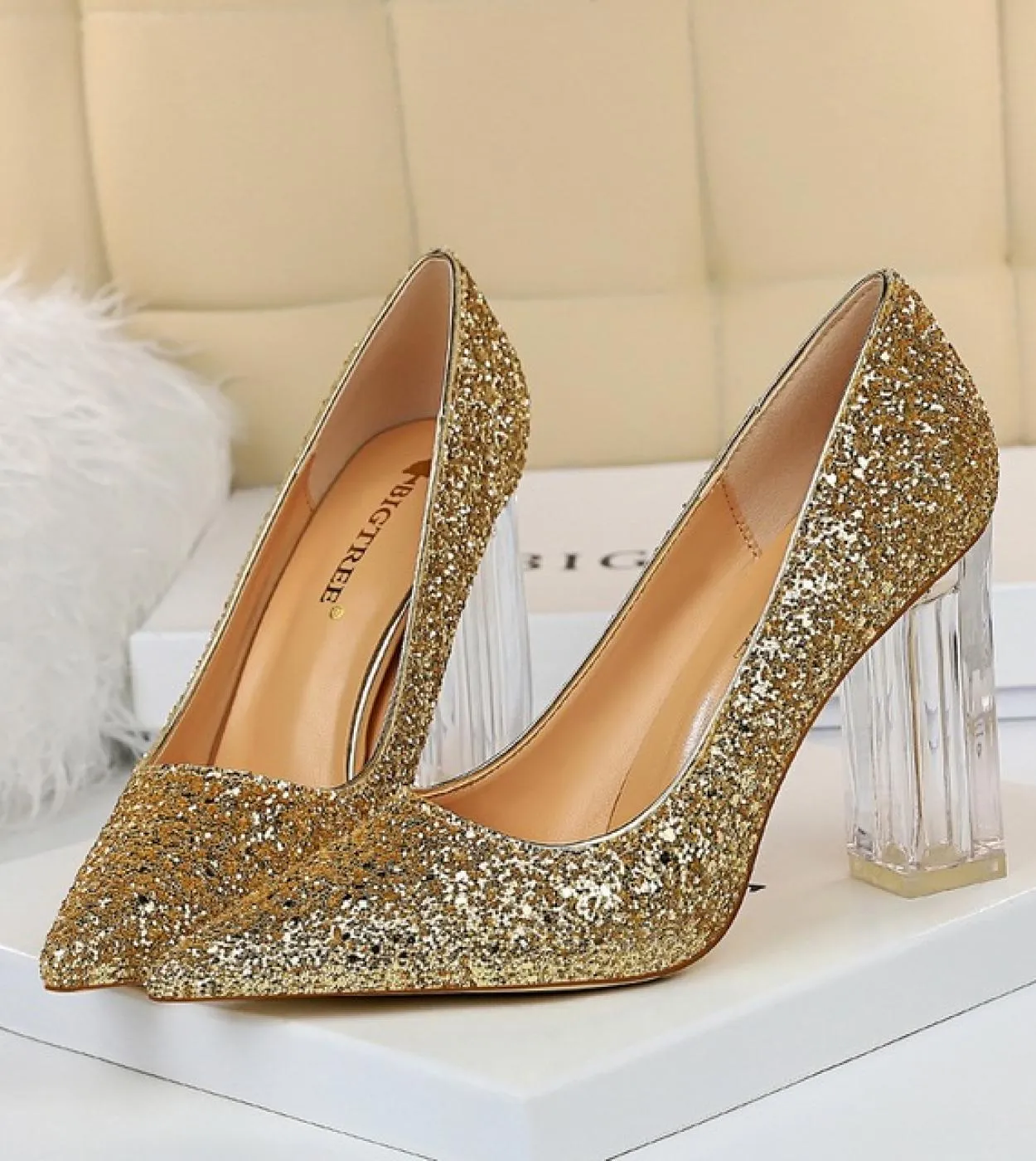Scarpe con tacchi alti trasparenti Scarpe argento da donna Scarpe con tacco grosso Scarpe da sposa Décolleté dorati da donna
