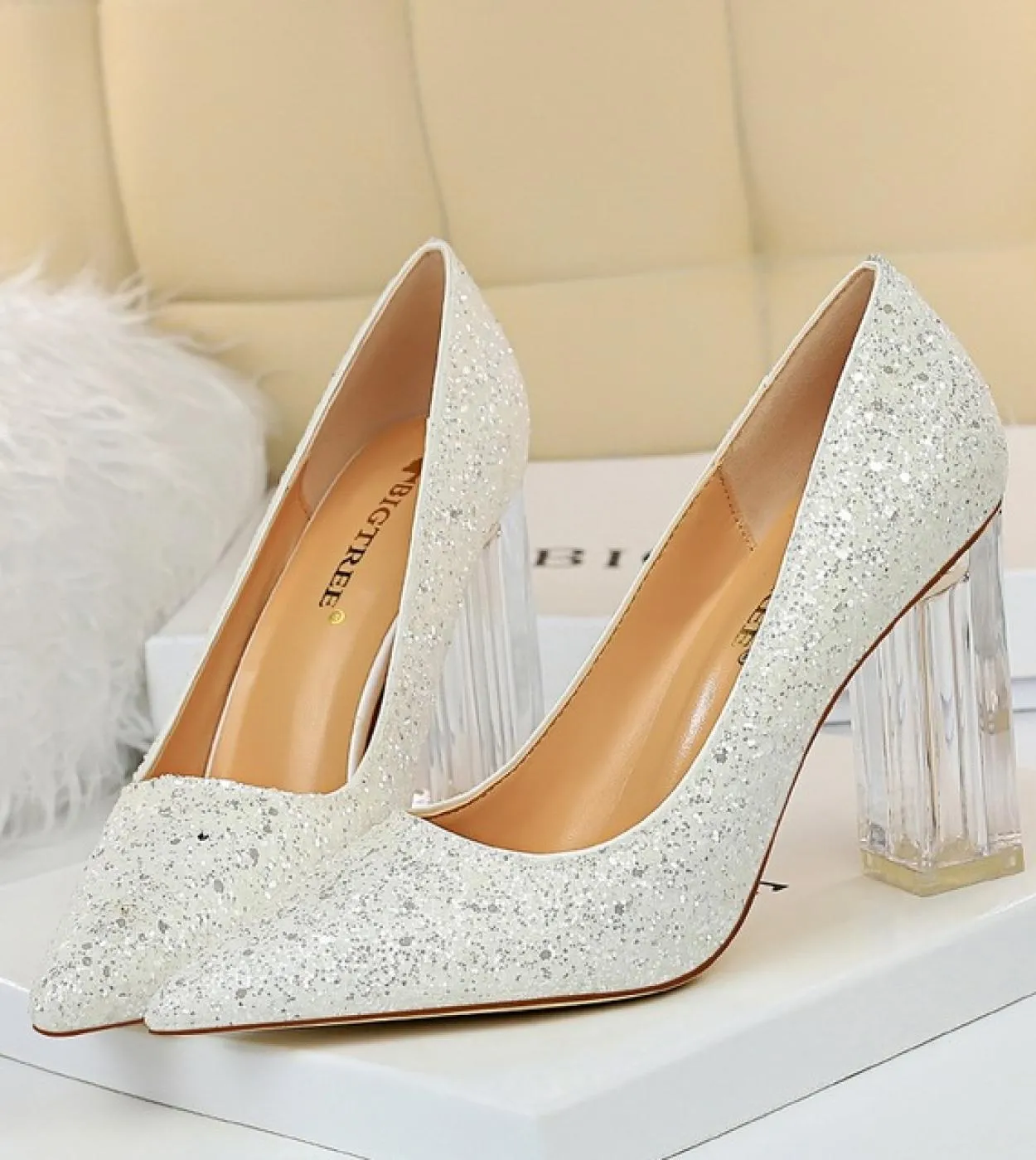 Scarpe con tacchi alti trasparenti Scarpe argento da donna Scarpe con tacco grosso Scarpe da sposa Décolleté dorati da donna