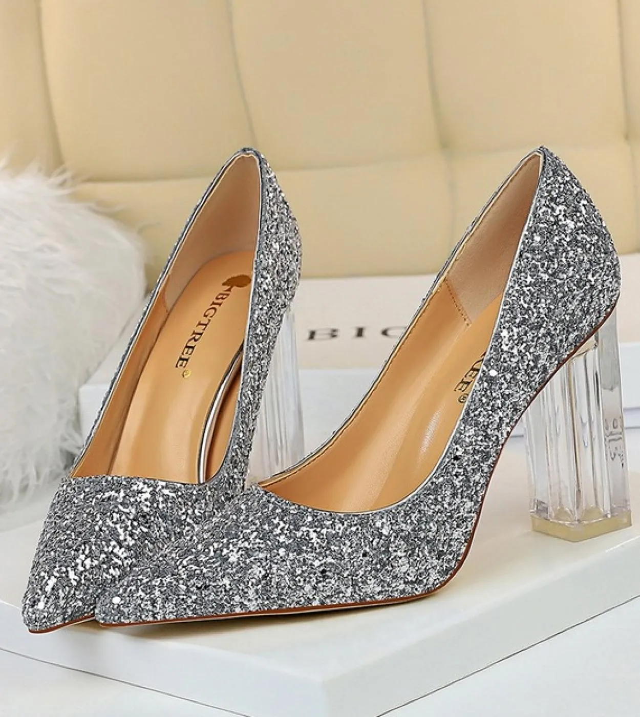 Scarpe con tacchi alti trasparenti Scarpe argento da donna Scarpe con tacco grosso Scarpe da sposa Décolleté dorati da donna