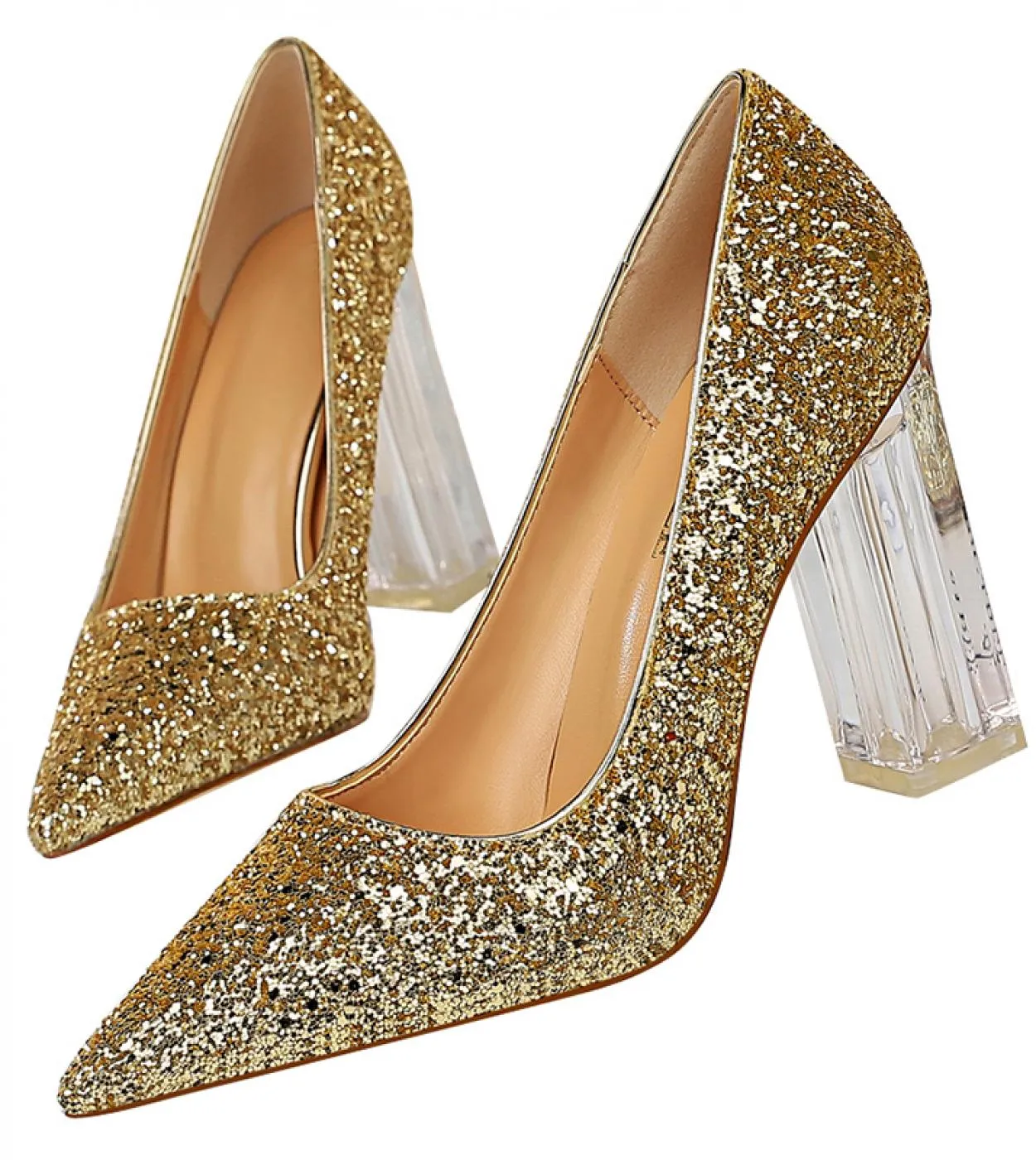 Scarpe con tacchi alti trasparenti Scarpe argento da donna Scarpe con tacco grosso Scarpe da sposa Décolleté dorati da donna