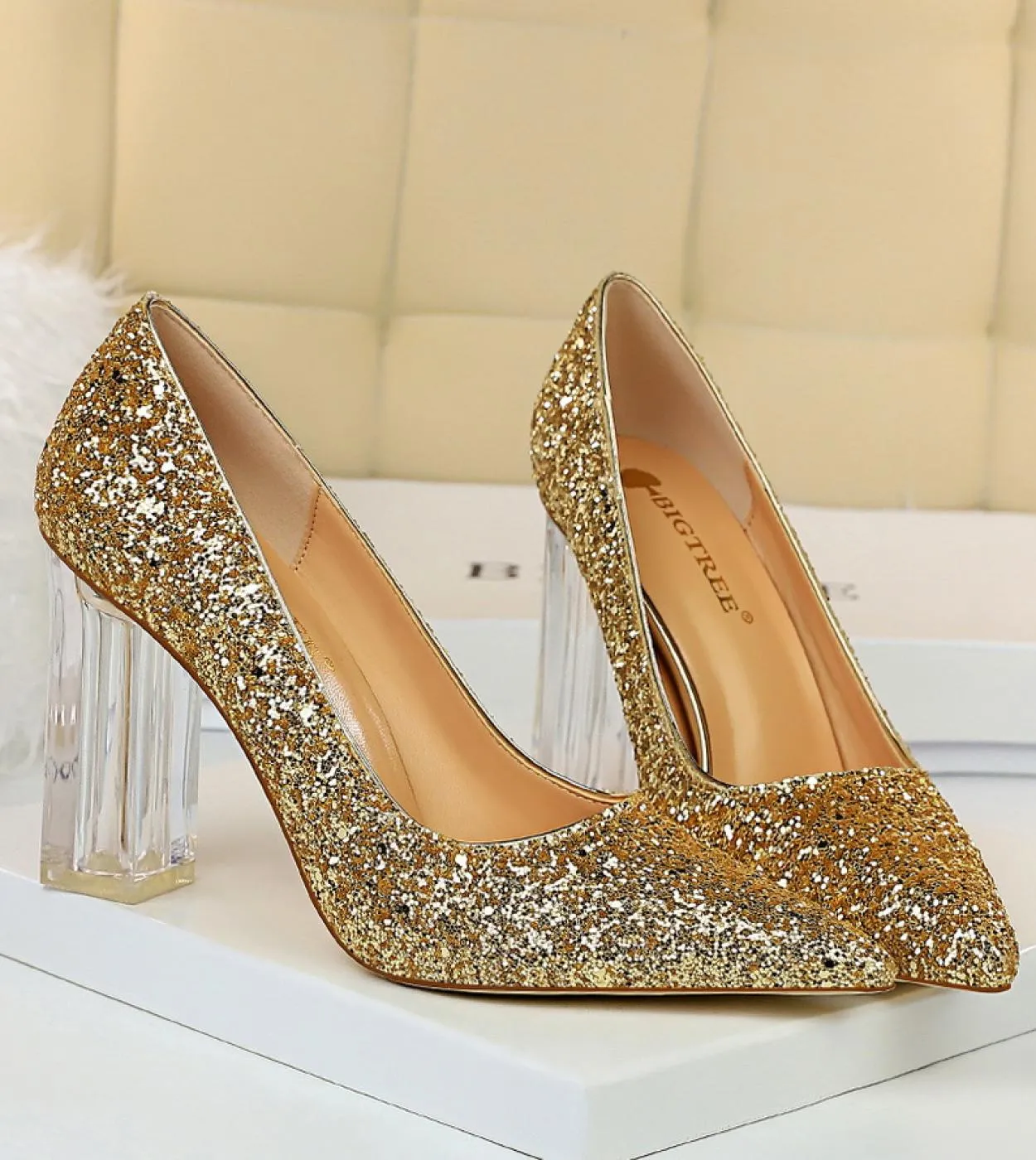 Scarpe con tacchi alti trasparenti Scarpe argento da donna Scarpe con tacco grosso Scarpe da sposa Décolleté dorati da donna
