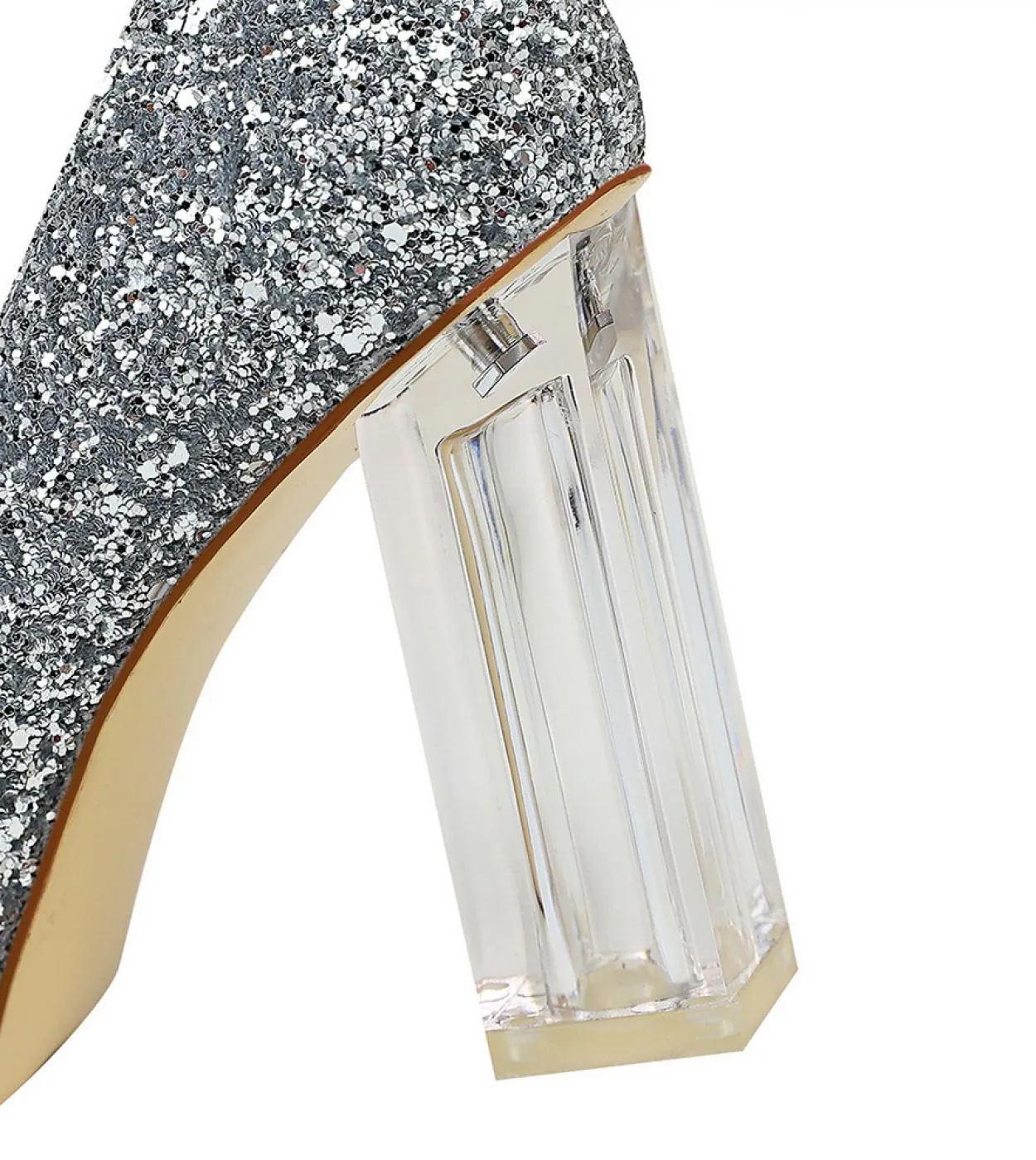 Scarpe con tacchi alti trasparenti Scarpe argento da donna Scarpe con tacco grosso Scarpe da sposa Décolleté dorati da donna