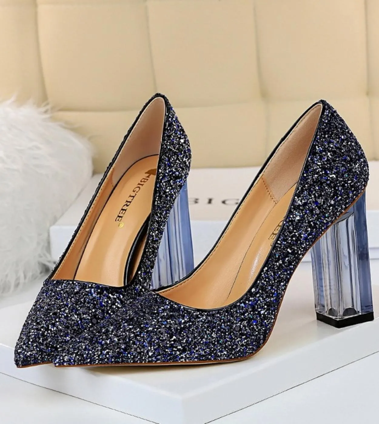 Scarpe con tacchi alti trasparenti Scarpe argento da donna Scarpe con tacco grosso Scarpe da sposa Décolleté dorati da donna
