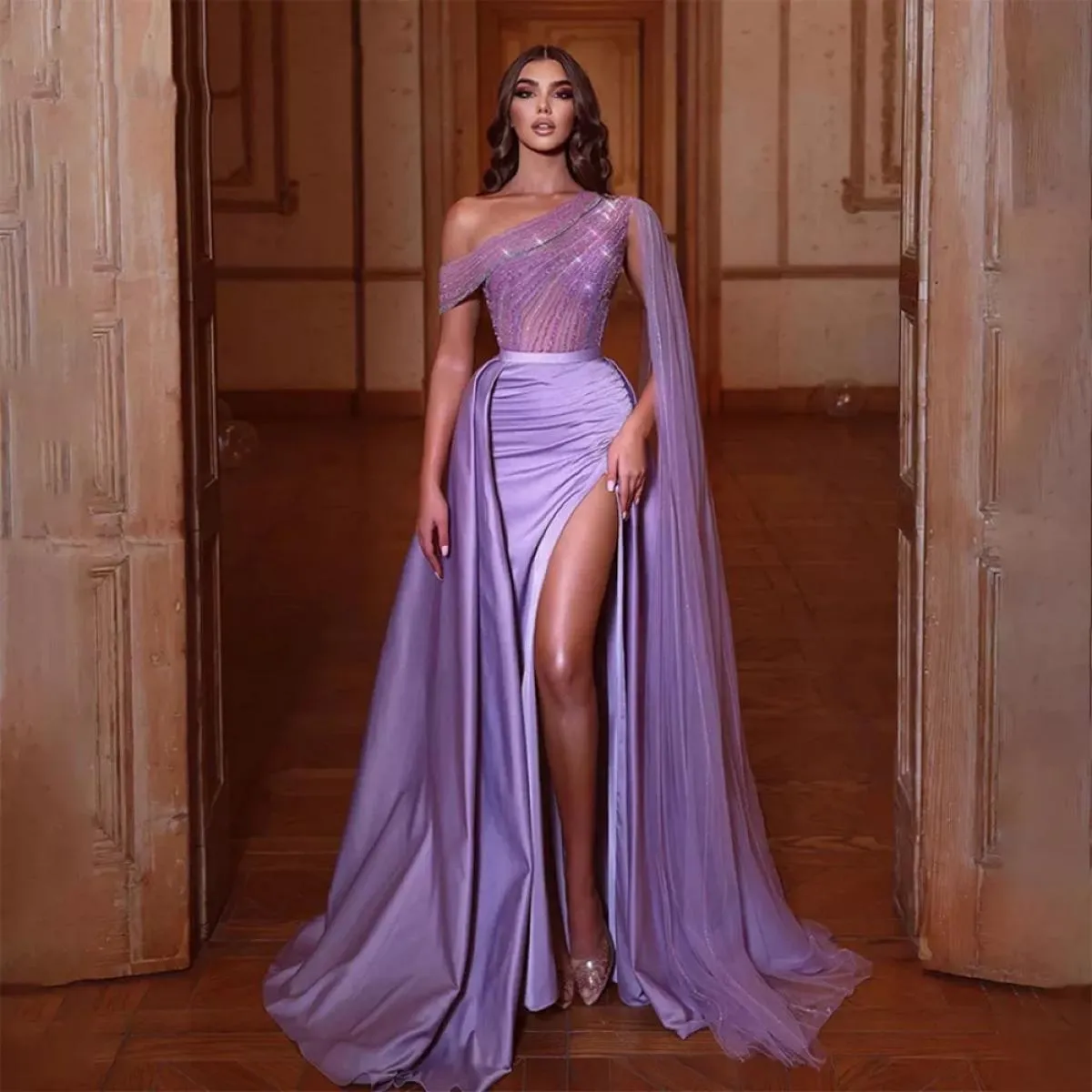 Splendida monospalla con cristalli che bordano abiti da ballo vedere attraverso abiti da sera eleganti viola Vestido Longo Femin