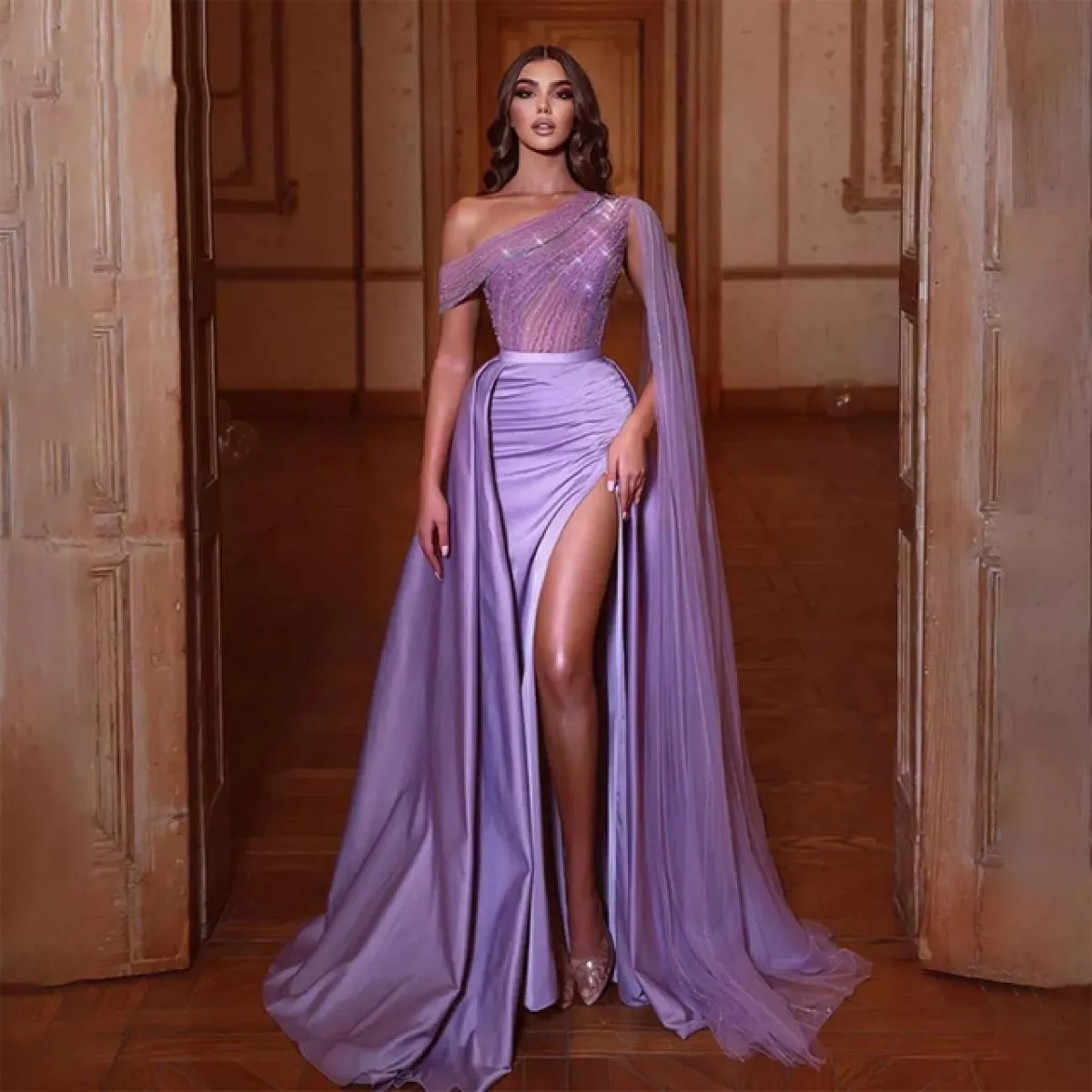 Splendida monospalla con cristalli che bordano abiti da ballo vedere attraverso abiti da sera eleganti viola Vestido Longo Femin
