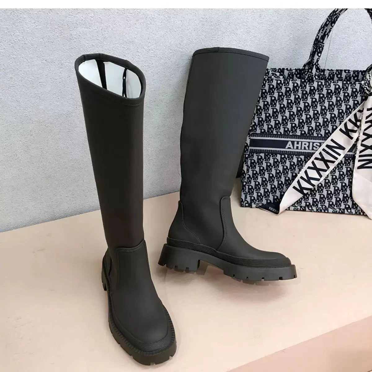 Stivali alti da donna Scarpe con plateau con tacco quadrato Stivali Chelsea Scarpe da donna Stivali neri verdi da donna Stivali