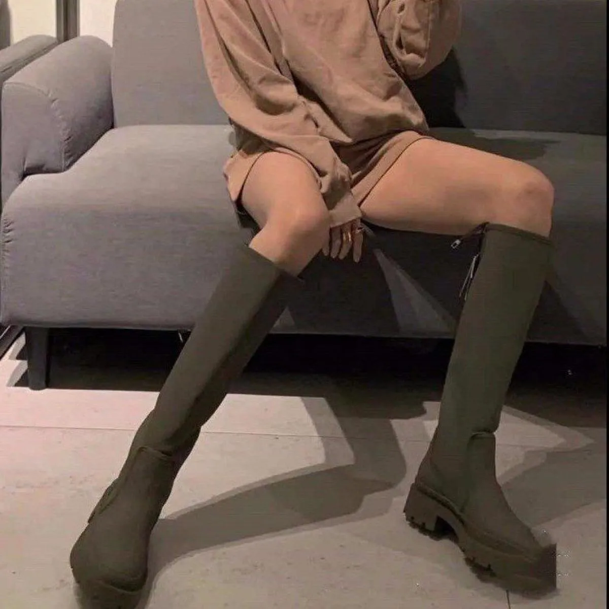Stivali alti da donna Scarpe con plateau con tacco quadrato Stivali Chelsea Scarpe da donna Stivali neri verdi da donna Stivali