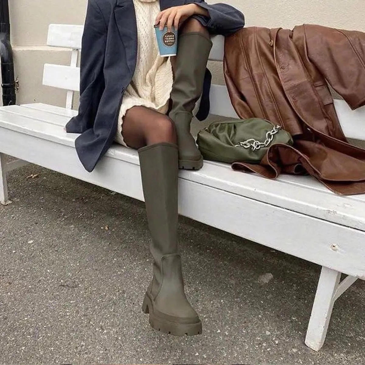 Stivali alti da donna Scarpe con plateau con tacco quadrato Stivali Chelsea Scarpe da donna Stivali neri verdi da donna Stivali