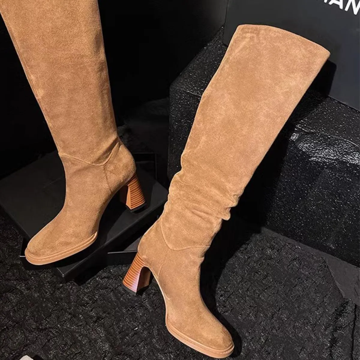 Stivali Chelsea alti al ginocchio da donna invernali con tacco medio Scarpe in pelle scamosciata Scarpe con vestito alla moda Nu