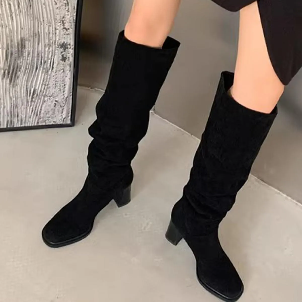 Stivali Chelsea alti al ginocchio da donna invernali con tacco medio Scarpe in pelle scamosciata Scarpe con vestito alla moda Nu