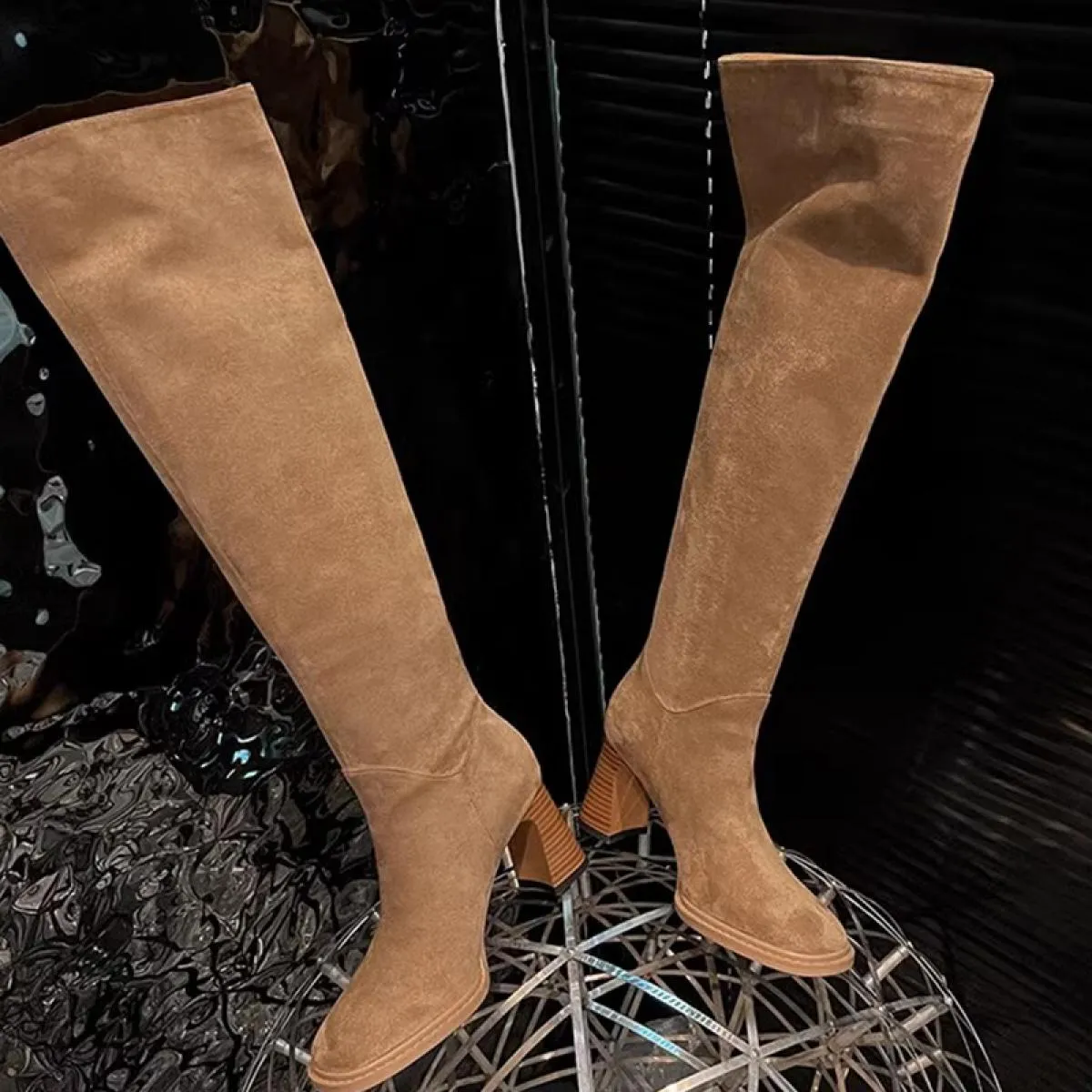 Stivali Chelsea alti al ginocchio da donna invernali con tacco medio Scarpe in pelle scamosciata Scarpe con vestito alla moda Nu