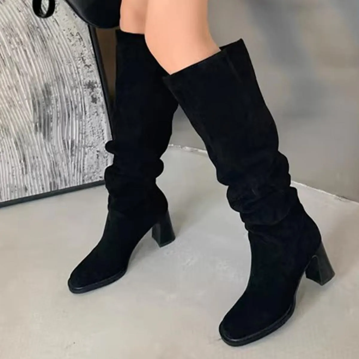 Stivali Chelsea alti al ginocchio da donna invernali con tacco medio Scarpe in pelle scamosciata Scarpe con vestito alla moda Nu