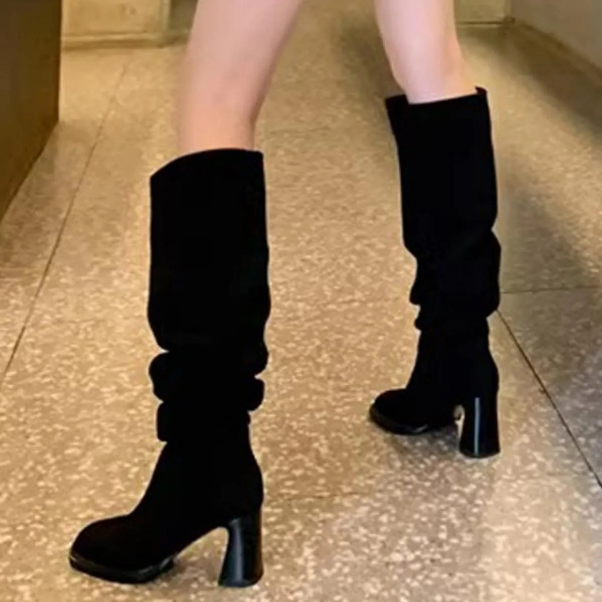 Stivali Chelsea alti al ginocchio da donna invernali con tacco medio Scarpe in pelle scamosciata Scarpe con vestito alla moda Nu