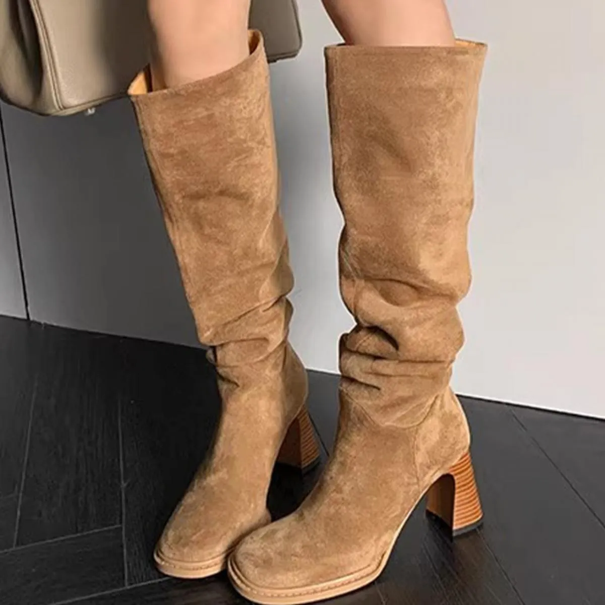 Stivali Chelsea alti al ginocchio da donna invernali con tacco medio Scarpe in pelle scamosciata Scarpe con vestito alla moda Nu